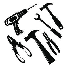 Collection of black silhouette hand tools including a drill hammers pliers and a wrench arranged on a white background
