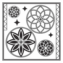 Abstract geometric mandala patterns and star shapes in a decorative border design presented in a clean black and white vector illustration style