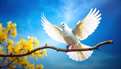 Obraz premium White dove in flight, yellow flowers