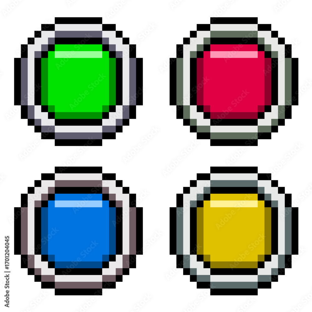 Poster pixel circle button vector. perfect for representing user interface controls in a modern, digital en