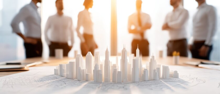 Team of architects discussing future city plans around a white model skyscraper project in a bright modern office environment at sunset.