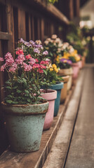 Obraz premium Vibrant flowering plants adorning a rustic wooden ledge adding character and charm