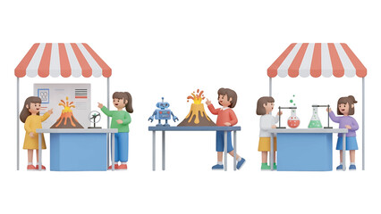 Enthusiastic children presenting science projects at a school fair, showcasing volcanoes and chemical reactions with excitement and curiosity.