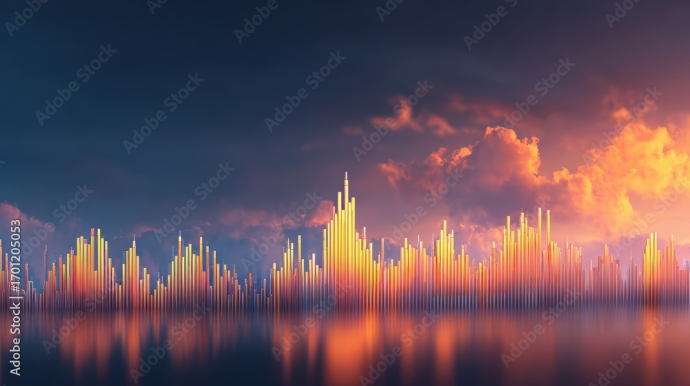 Poster golden skyline reflected in water below a dramatically lit sky creating a powerful abstract landscap