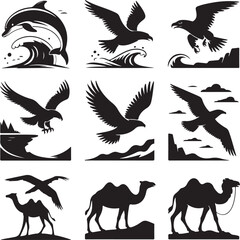 Obraz premium Nine black and white icons of dolphins, eagles, and camels in natural settings Keywords: dolphin