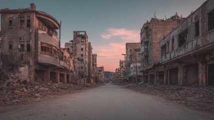 A desolate street shows the catastrophic devastation of war torn buildings under a fading sky, depicting the ruins left after conflict.