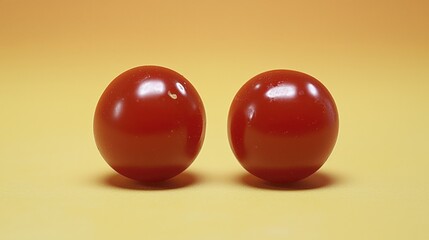 Two ripe red cherry tomatoes on a yellow background