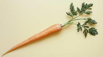 Fresh carrot with green leaves on a light yellow background