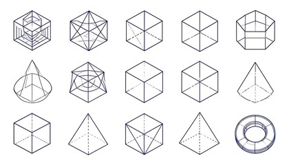 A collection of various geometric shapes, meticulously drawn with fine lines, showcasing 3D perspectives.