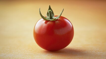 Close-up of a ripe, red tomato with green stem against a warm background.