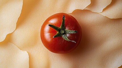 A vibrant red tomato rests on a bed of delicate, textured pasta sheets.