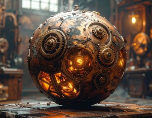 steampunk soccer ball with gears and copper panels