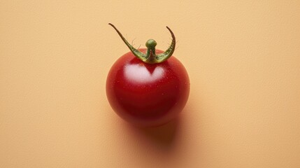 A single, vibrant red cherry tomato on a warm-toned background.