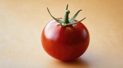A vibrant, close-up shot of a ripe, red cherry tomato with its green stem.