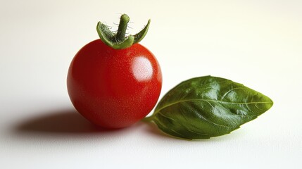 A vibrant cherry tomato with a fresh basil leaf on a white surface.