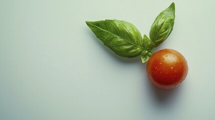 Fresh tomato and basil leaves on a light background