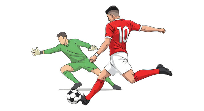 Illustration of a goalkeeper attempting to save a soccer ball kicked by a player during a match