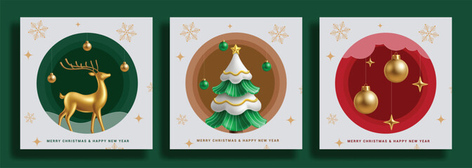 Obraz na płótnie Canvas Merry Christmas greeting card clipart set. Merry Christmas and Happy new year card template clip art with reindeer, elegant pine tree, hanging Xmas balls and stars in colorful paper cut design