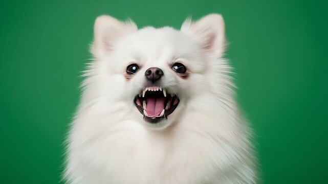 Portrait of Aggressive Cute White Pomeranian Dog Showing Teeth Isolated
