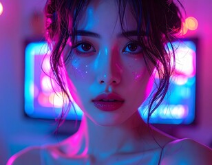 Obraz premium Close-up portrait of a young woman with glowing makeup under vibrant neon pink and blue lighting, with a blurred screen in the background.