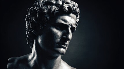 Detailed studio shot captures a classical male statue bust with intense expression and dramatic lighting creating a timeless aesthetic appeal.