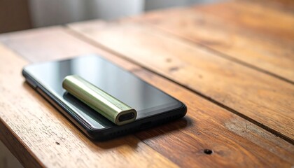 A light green portable charger rests atop a black smartphone on a weathered wooden table.