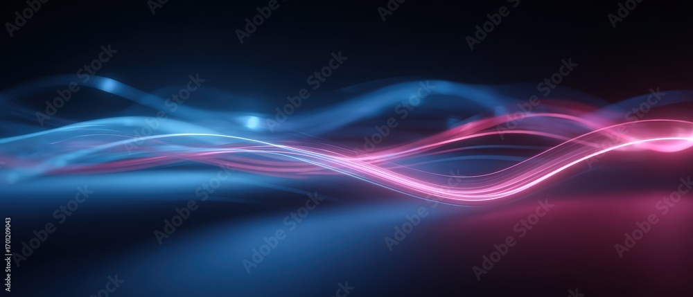 Poster abstract background with glowing neon light waves in pink and blue colors on a dark surface creating