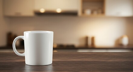 White mug on a wooden table in a warm kitchen setting.
