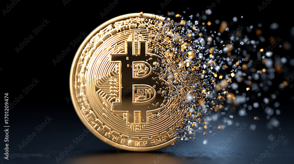 Poster digital currency representing bitcoin disintegrating into particles on a black background showcasing