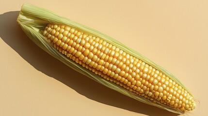 Fresh corn on the cob with green husks on a light yellow background.