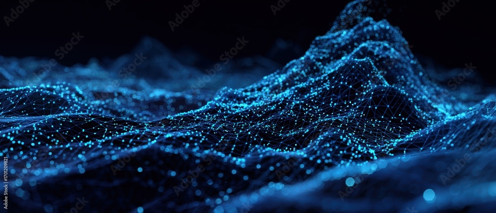 Poster abstract network of glowing dots forms a digital landscape simulating technology and connectivity in