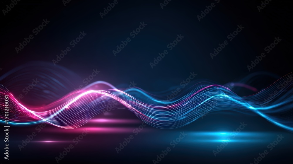 Poster abstract illuminated wave forms flow gently across a dark background creating a futuristic, high tec
