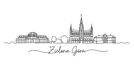 Naklejka premium Zielona Gora Skyline with Poland, and One Line Art.