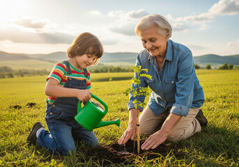 A heartwarming scene of a grandmother and her grandson planting a young tree together, symbolizing new life, environmental care, and passing on traditions