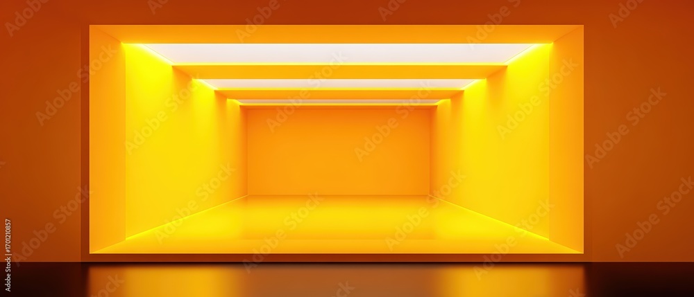 Aufkleber an abstract corridor glows with warm yellow light, creating a sense of depth and minimalist modern a