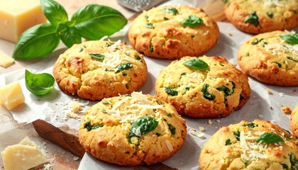 Fototapeta premium Golden round cookies, studded with spinach and topped with grated cheese and fresh basil, are arranged on parchment paper.