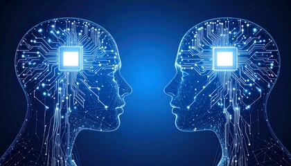 Artificial intelligence concept. Two transparent human faces connected by circuits, bright on a blue background