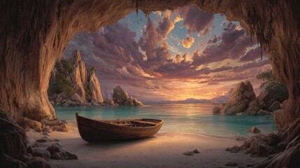 Tranquil Sunset Cove With Wooden Boat