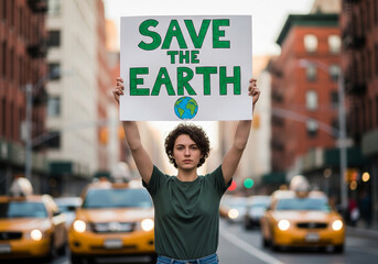 A passionate environmentalist holding a 'Save The Earth' placard stands for climate action in a city