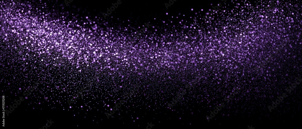 Poster an ethereal wave of glitte violet particles cascades down against a stark black backdrop, creating a