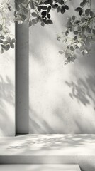 Fototapeta premium Empty Gray Concrete Stage With Leaves And Shadows