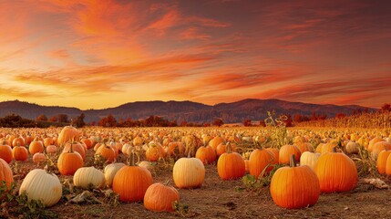 Autumn Pumpkin Field Sunset Landscape