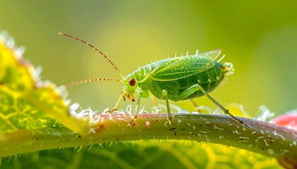 Fototapeta premium A vibrant, detailed close-up of a tiny, bright green insect perched delicately on a plant stem, showcasing intricate leaf-like patterns and delicate features.