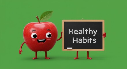 Cheerful Apple Mascot Promoting Healthy Habits on Blackboard, Green Background.