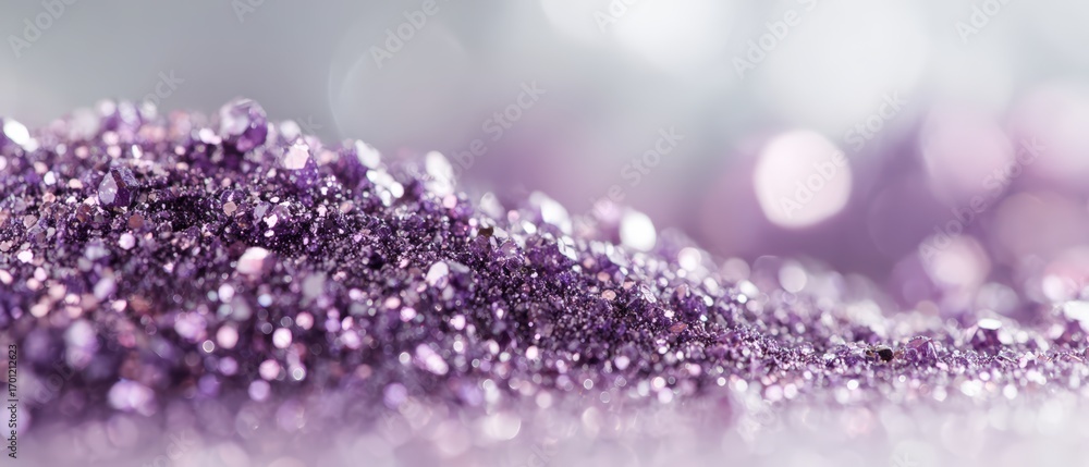 Poster a glitte pile of small, sparkling, lilac colored crystals sits with a bokeh background, creating a t