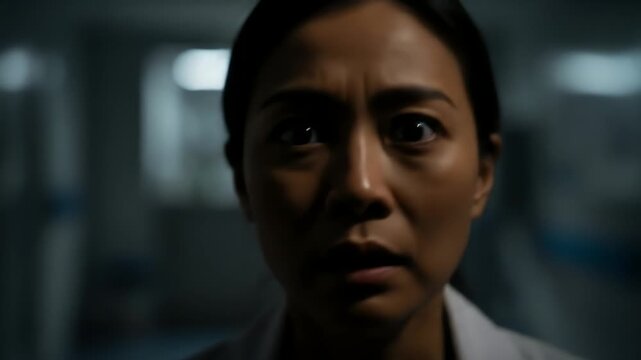 Close Up Of A Shocked Woman Physician In Low Light