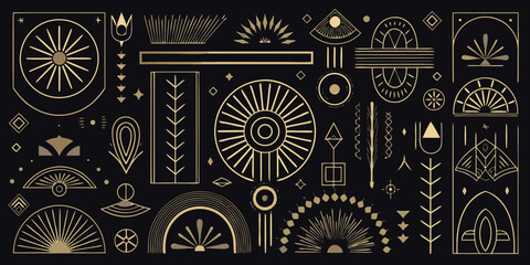 Collection of art deco geometric shapes and decorative elements in gold on a dark background