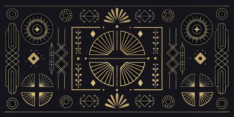 Elegant art deco geometric pattern with gold lines on black background decorative design elements