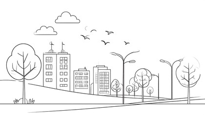 Obraz premium A simple, outlined illustration of an urban landscape with buildings, trees, and streetlights.