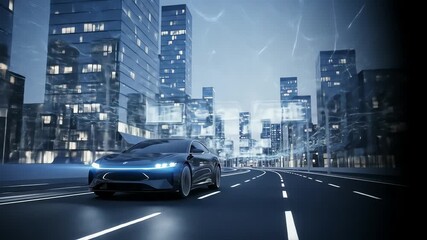 Dark Blue Electric Vehicle Driving Through Futuristic City At Night - Powered by Adobe